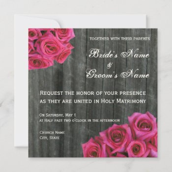 Hot Pink Rose And Barnwood Wedding Invitation by thepinkschoolhouse at Zazzle
