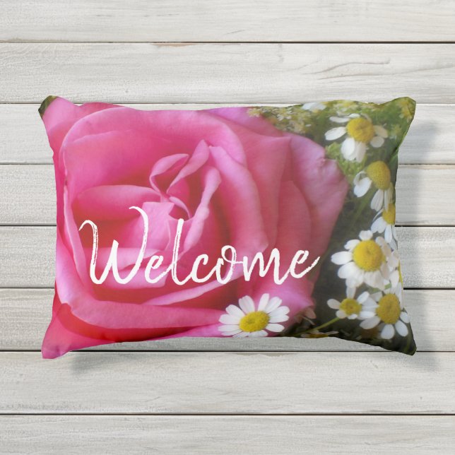 Hot Pink Rose and White Daisies Photo Outdoor Pillow (Front)
