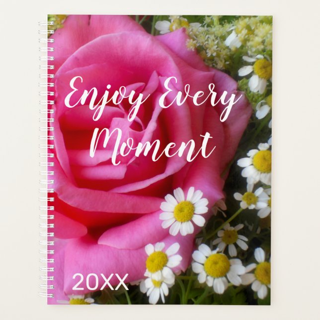 Hot Pink Rose and White Daisies Photo Planner (Front)