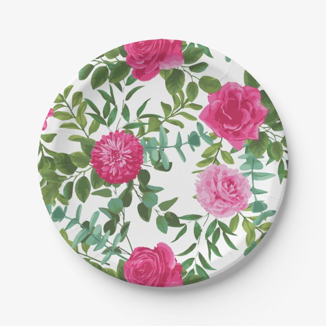 Hot Pink Rose Beautiful Wedding Paper Plates (Front)