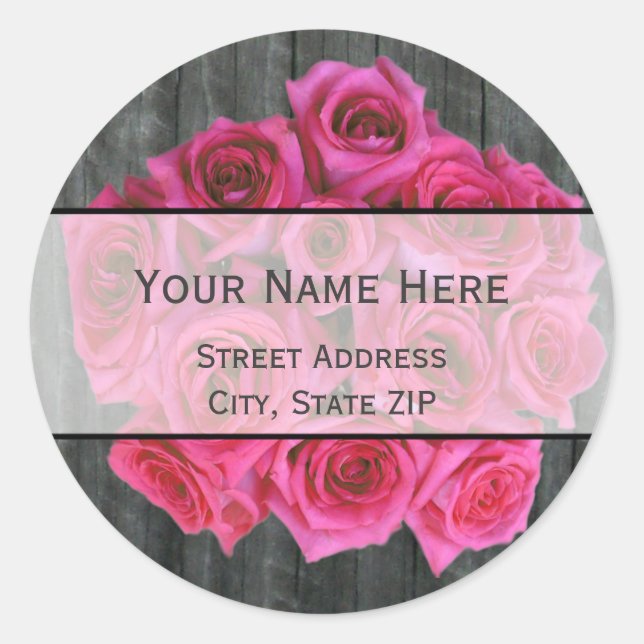 Hot Pink Rose Bouquet & Barnwood Address Label (Front)