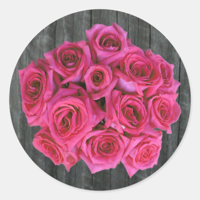 Hot Pink Rose Bouquet & Barnwood Sticker (Front)