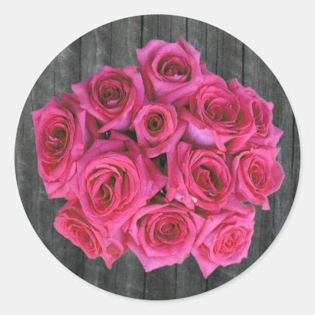 Hot Pink Rose Bouquet & Barnwood Sticker (Front)