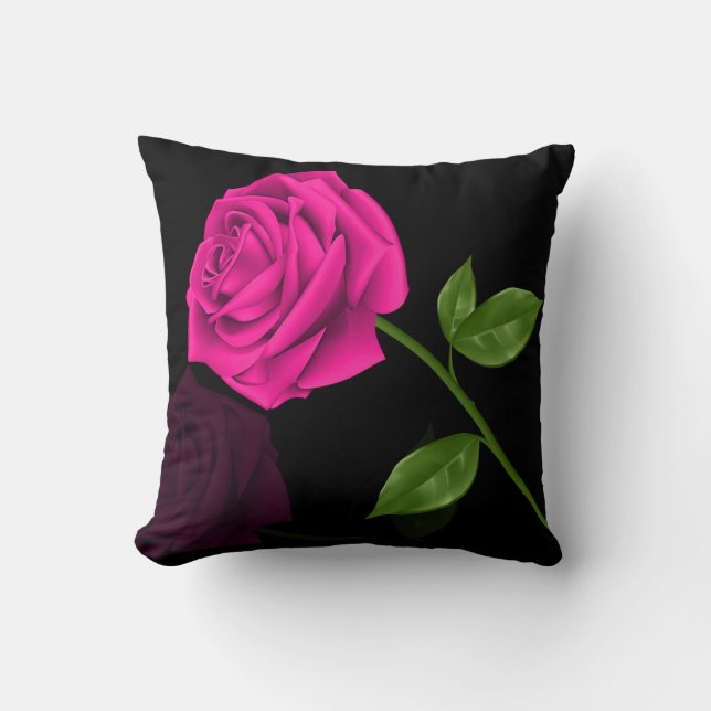Hot Pink Rose Flower On Black Background Throw Pillow (Front)