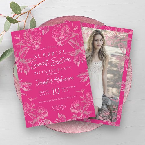 Hot Pink Rose Gold Floral SURPRISE Sweet 16   Invitation