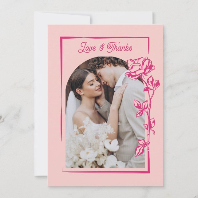 Hot Pink Rose Illustration Photo Wedding Thank You Card (Front)