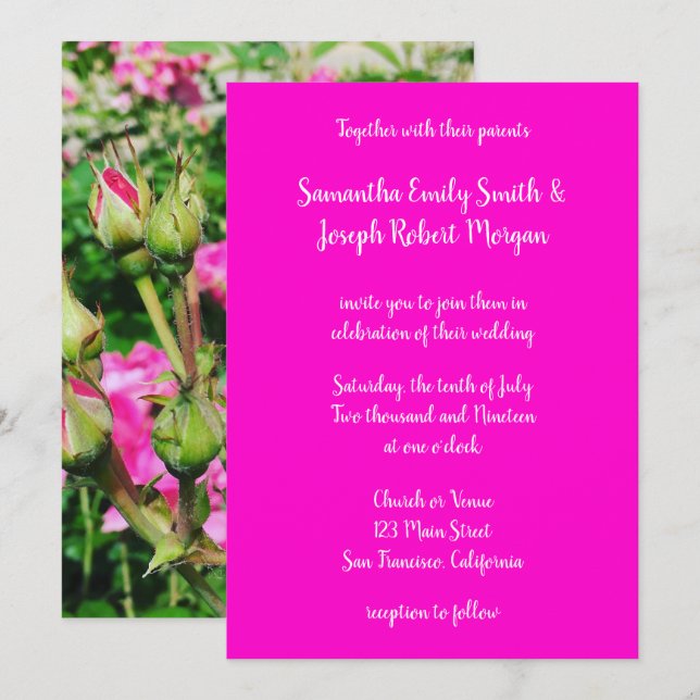 Hot Pink Rose Photo Calligraphy Invitation (Front/Back)
