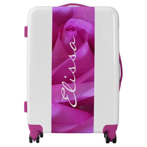 Hot pink rose photo custom name script bold modern luggage