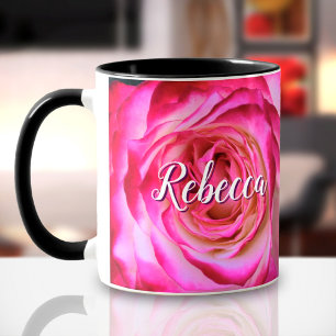 Hot pink rose photo custom name script bold modern mug
