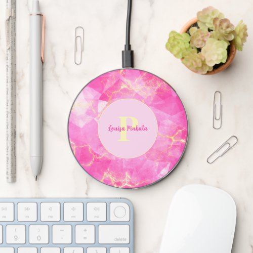 Hot Pink Rose Quartz and Gold Monogram Wireless Charger