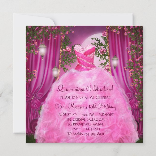 Hot Pink Rose Quinceanera Invitation (Front)