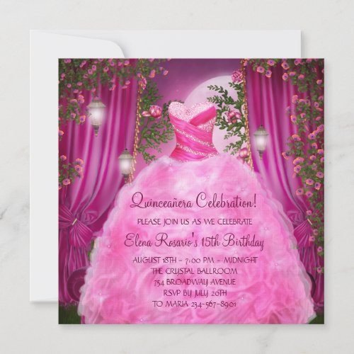 Hot Pink Rose Quinceanera Personalized Announcements