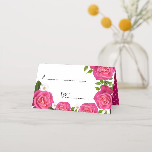 Hot Pink Rose Wedding Place Card (Front)