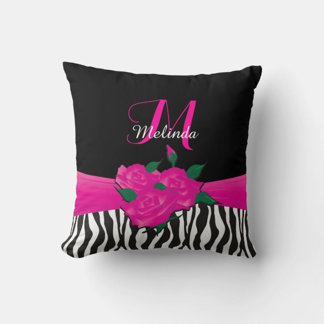 Hot Pink Rose Zebra Animal Stripes Throw Pillow (Front)
