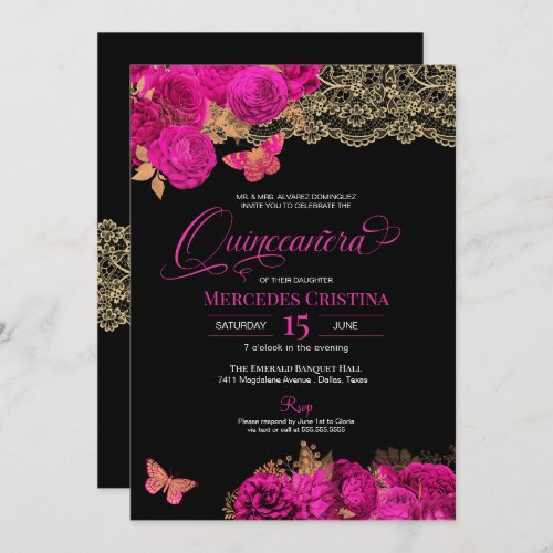 Hot Pink Roses and Lace Butterfly Quinceaera Invitation