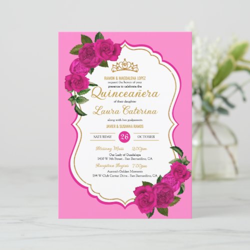 Hot Pink Roses Black and Gold Elegant Quinceanera Invitation