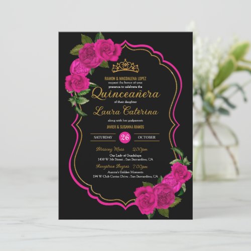 Hot Pink Roses Black and Gold Elegant Quinceanera Invitation
