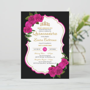 Hot Pink Roses Black and Gold Elegant Quinceanera Invitation