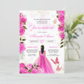Hot Pink Roses Butterfly Mariposa Quinceanera Rose Invitation (Standing Front)