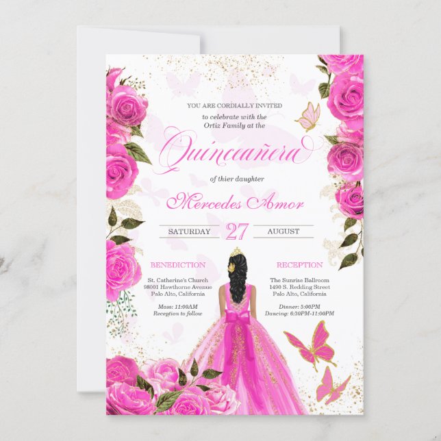 Hot Pink Roses Butterfly Mariposa Quinceanera Rose Invitation (Front)