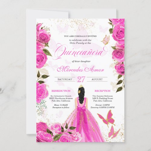 Hot Pink Roses Butterfly Mariposa Quinceanera Rose Invitation