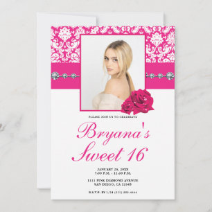 Hot Pink Roses & Damask Diamond Bling Invitations