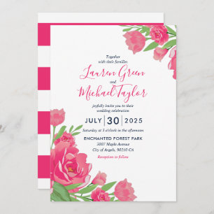 Hot Pink Roses Flower Bouquet Floral Wedding Invitation