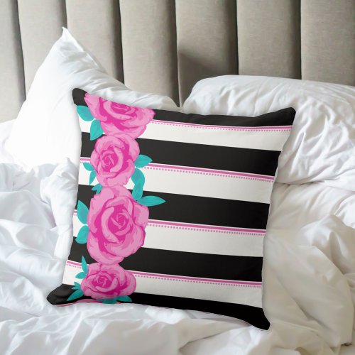 Hot Pink Roses on Black and White Striped Pillow