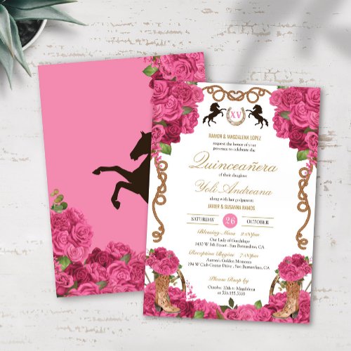 Hot Pink Roses Western Charro Quinceanera Invitation