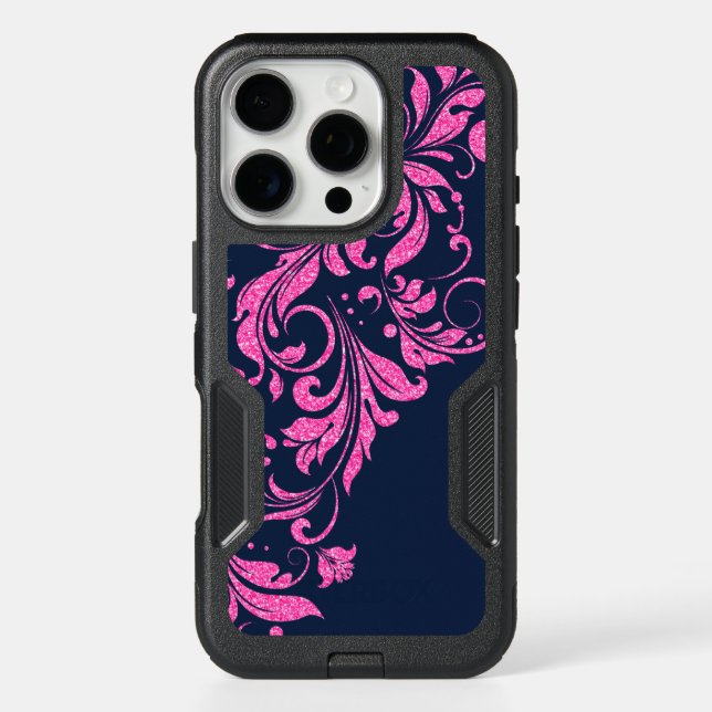 Hot Pink & Royal Blue Floral Lace Glitter Texture Otterbox iPhone Case (Back)