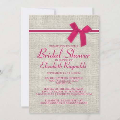 Hot Pink Rustic Burlap Bridal Shower Invitations
