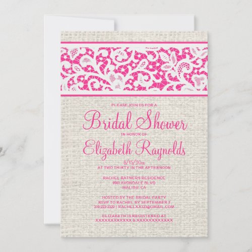 Hot Pink Rustic Burlap Linen Bridal Shower Invites