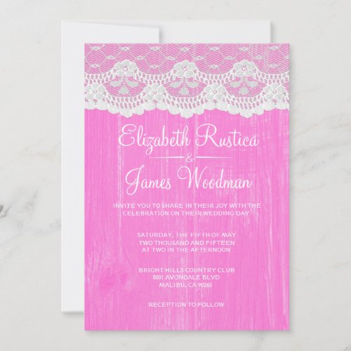 Hot Pink Rustic Lace Barn Wood Wedding Invitations