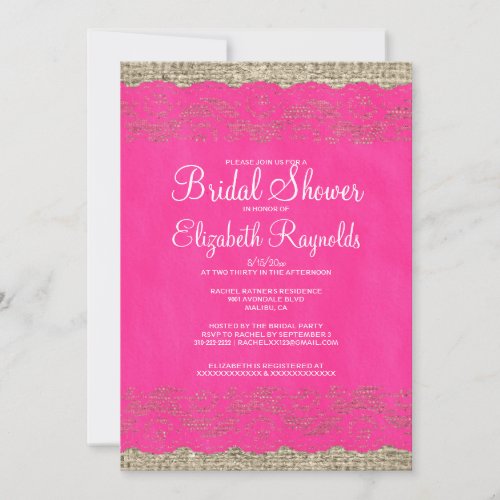 Hot Pink Rustic Lace Bridal Shower Invitations