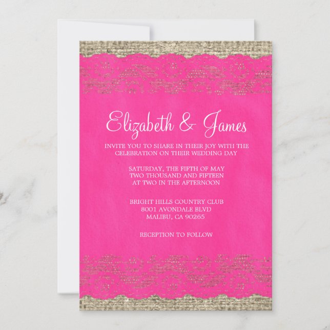 Hot Pink Rustic Lace Wedding Invitations (Front)