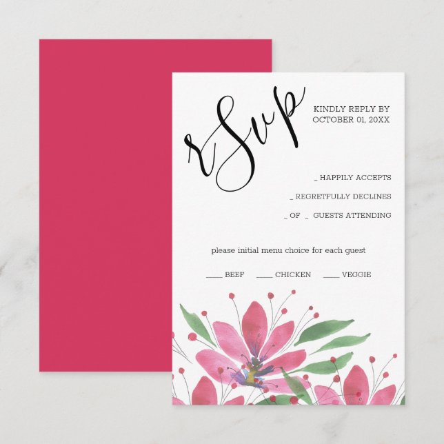 Hot Pink Rustic Lotus Watercolor Art RSVP Card (Front/Back)