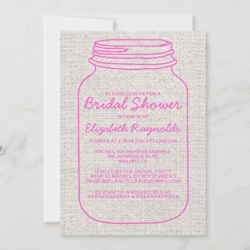 Hot Pink Rustic Mason Jar Bridal Shower Invitation