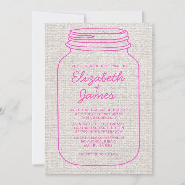 Hot Pink Rustic Mason Jar Wedding Invitations (Front)