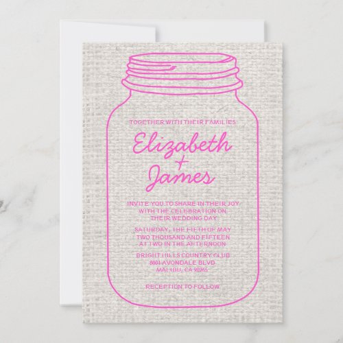 Hot Pink Rustic Mason Jar Wedding Invitations