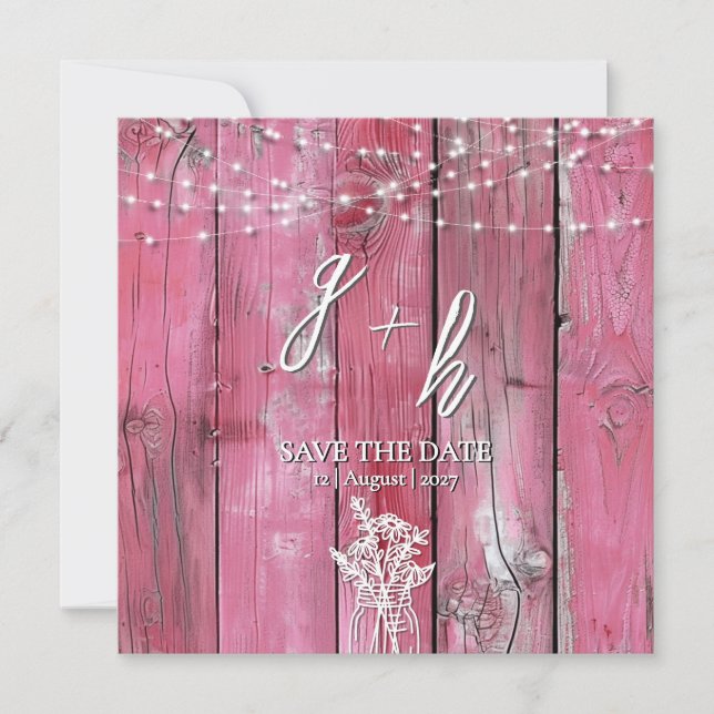 Hot Pink Rustic Wood String Lights Save the Dates (Front)