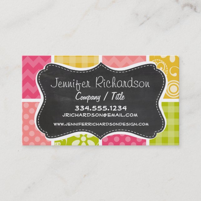 Hot Pink, Salmon, Yellow and Green Cute Checkered Business Card (Front)