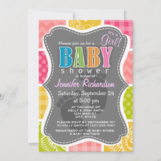 Hot Pink, Salmon, Yellow and Green Cute Checkered Invitation (Front)