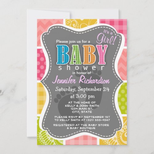 Hot Pink Salmon Yellow and Green Cute Checkered Invitation