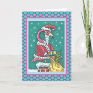 HOT PINK SANTA FLAMINGO CHRISTMAS GREETING CARD V