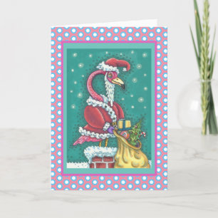 HOT PINK SANTA FLAMINGO CHRISTMAS GREETING CARD V