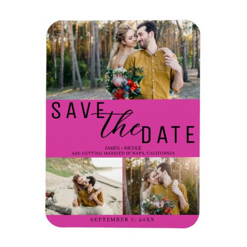 Hot Pink Save the Date Wedding 3 Photos Magnet