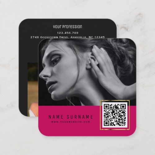 Hot pink scannable barcode QR code photo  Square Business Card