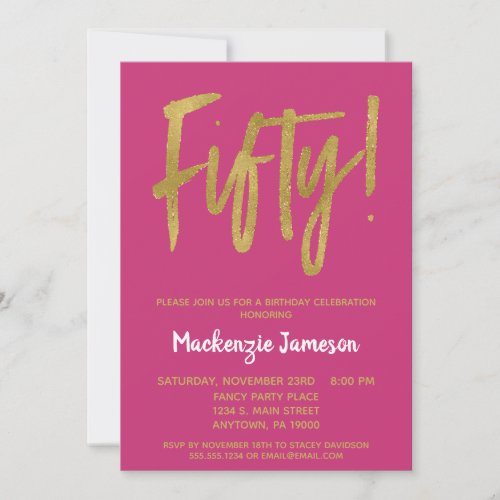 Hot Pink Script 50th Birthday Party Invitation