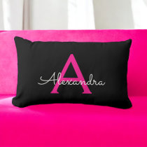 Hot Pink Script Girly Monogram Name Lumbar Pillow