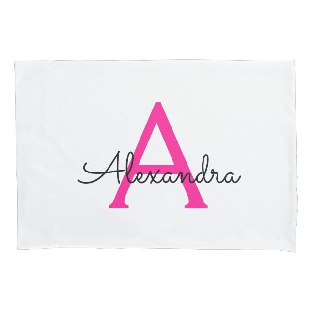 Hot Pink Script Girly Monogram Name Pillow Case (Front)